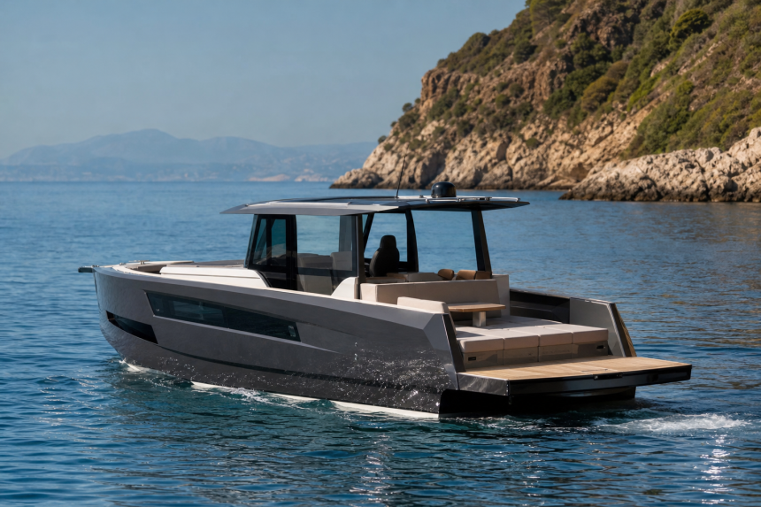 NAVAN C38 em composição editorial náutica com destaque para o casco, a cabine e a área traseira modular