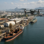 Drone realizando monitoramento aéreo de área portuária com embarcações e estruturas de navegação