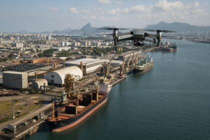 Drone realizando monitoramento aéreo de área portuária com embarcações e estruturas de navegação