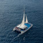 Vista aérea de um catamarã navegando com passageiros em águas azuis